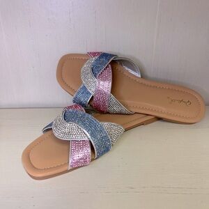 QUPID Pink & Blue Rhinestone Knot Sandal